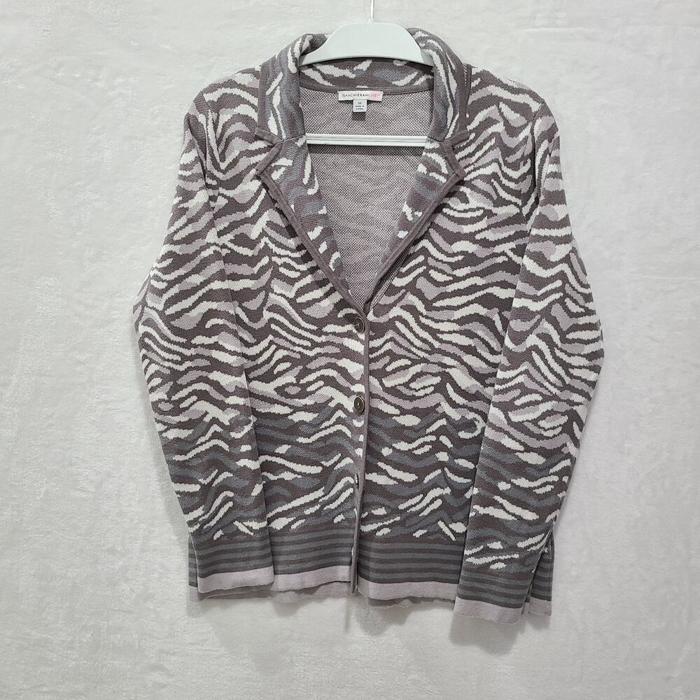 Isaac Mizrahi Live! Zebra Jacquard Knit Blazer M 100% Cotton Grey Cream Lapel